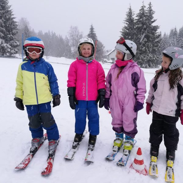 Kinder mit Skiern in einer Reihe