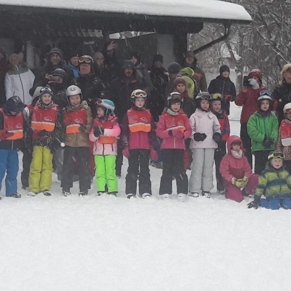 Kinder mit Skiern in einer Reihe