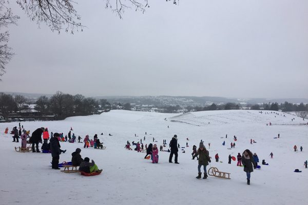 Die Kinder beim Rodeln auf dem Festspielhügel