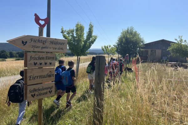 Kinder der 4b laufen zum Hühnerhof