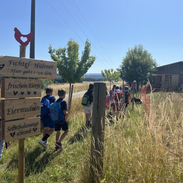 Kinder der 4b laufen zum Hühnerhof