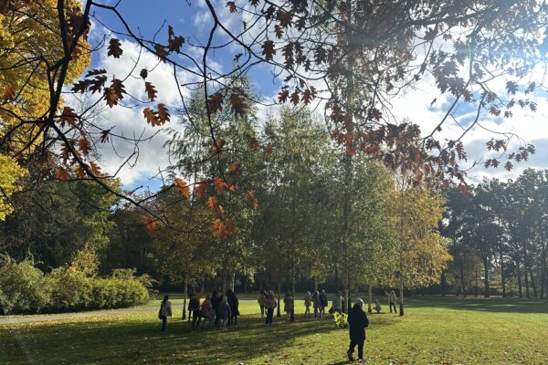 Kinder im Hofgarten mit Bäumen und Blättern