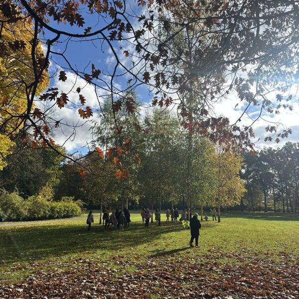 Kinder im Hofgarten mit Bäumen und Blättern