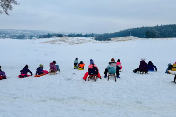 Kinder sitzen auf Schlitten und fahren den Berg hinunter
