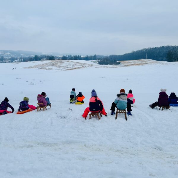 Kinder sitzen auf Schlitten und fahren den Berg hinunter